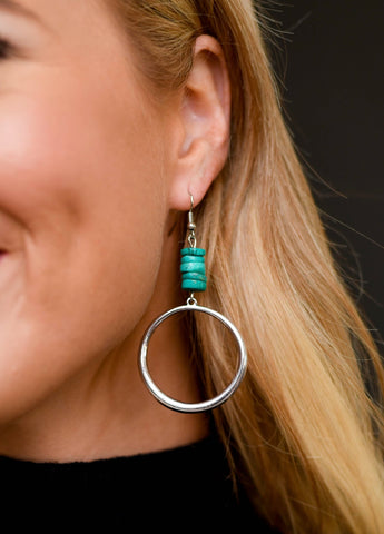 3” Silver Hoop Earring w/Turquoise Beaded Accent